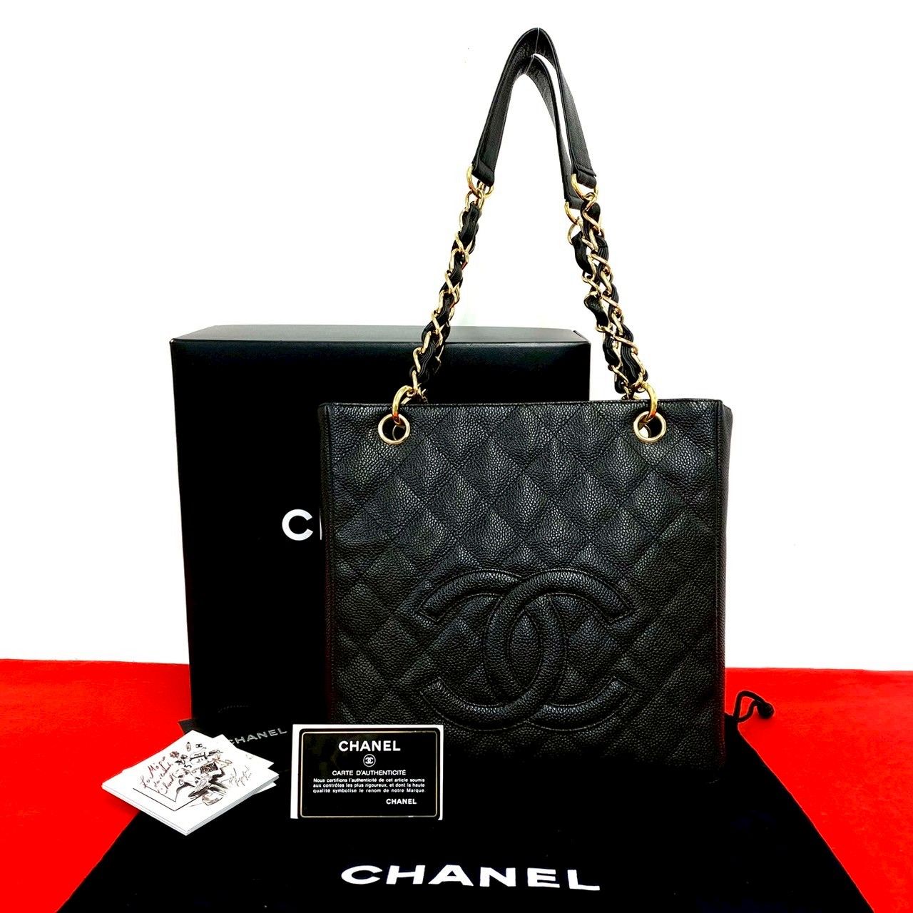 極 美品 箱 袋付き カード シール有 8番台 CHANEL シャネル PST ココマーク キャビアスキン チェーン トートバッグ ブラック 46144