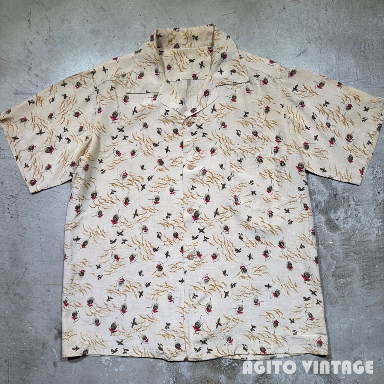 50's~ Unknown シルクハワイアンシャツ S/S 稲穂 雀 案山子 和柄