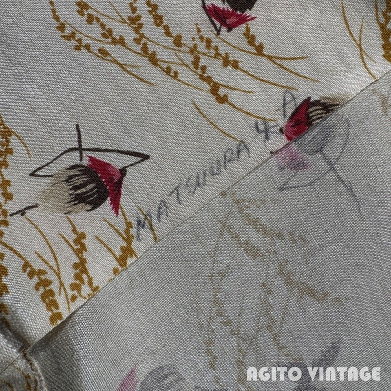 50's~ Unknown シルクハワイアンシャツ S/S 稲穂 雀 案山子 和柄