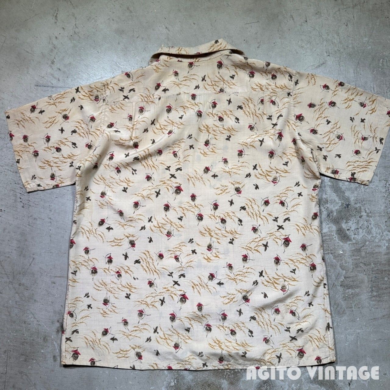 50's~ Unknown シルクハワイアンシャツ S/S 稲穂 雀 案山子 和柄