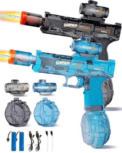 POPERFUN 水鉄砲 電動 2個セット 電動水鉄砲 USB充電式 ウォーターガン 高速連発 おもちゃ みずてつぽう 強力 超強力飛距離 LED灯光噴火効果 水遊び プール ビーチ 海水浴 夏休み お風呂 水鉄砲合戦 キャンプ 誕生日 プレゼント 男の子ma