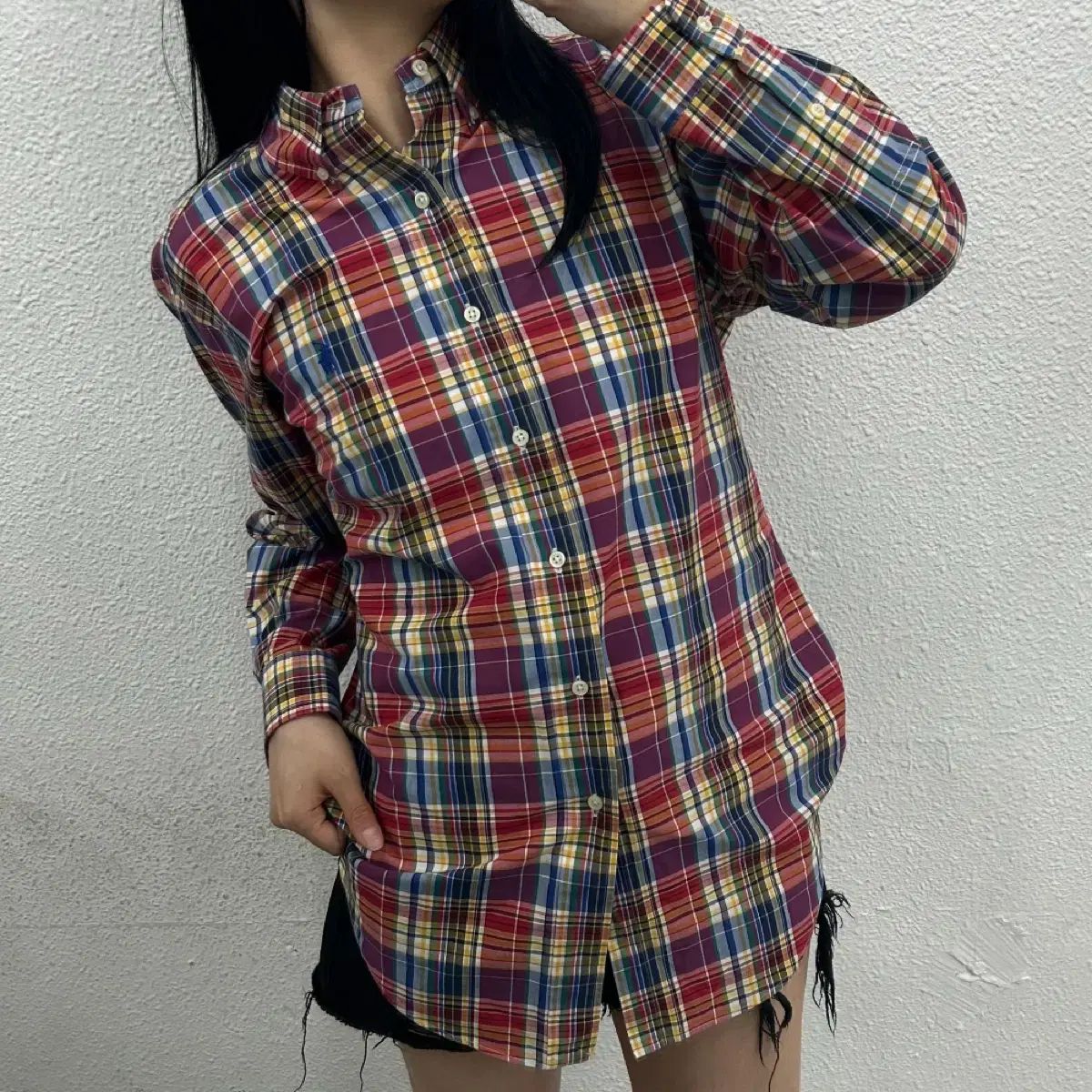 ポロ ラルフローレン ブルー ポニー レッド CHECK シャツ S