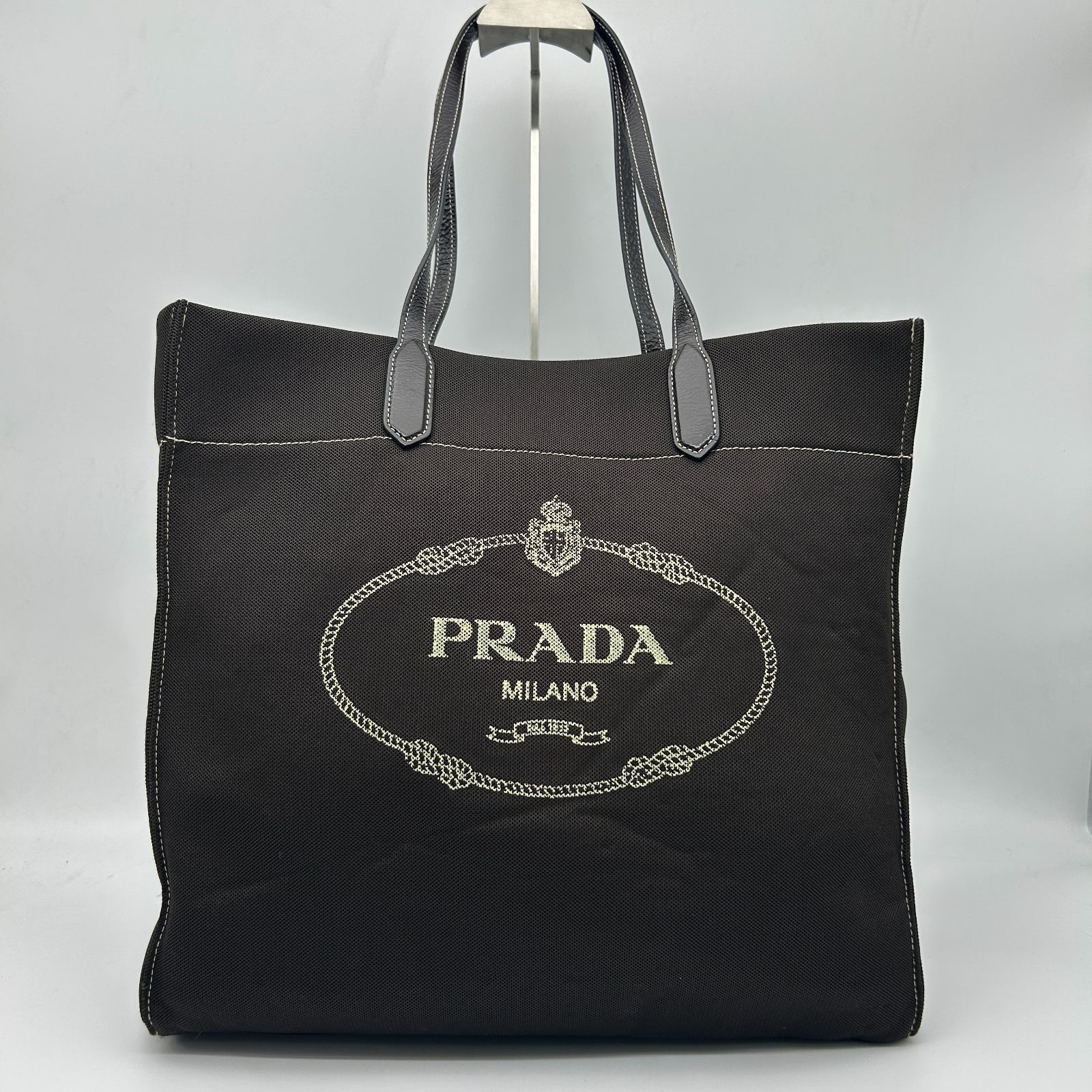 PRADA （プラダ） トートバッグ ショルダートート 肩掛け メッシュ パテントレザー ダークブラウン 茶 【中古】