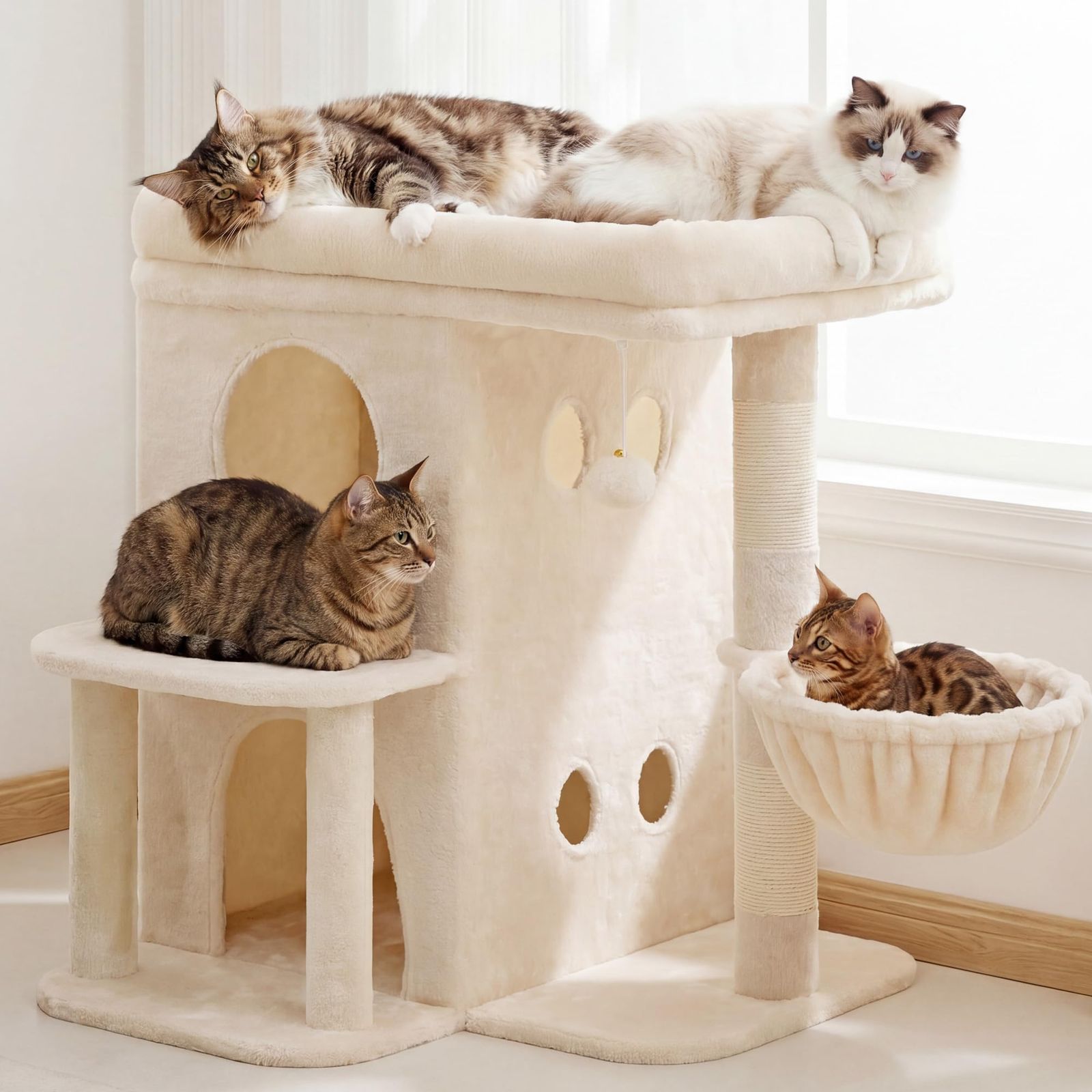 Heyblyキャットタワー 高さ65cm 大型猫用 猫タワー 据え置き スリム 省スペース 多頭飼い対応 広々としたプラットフォーム 二段猫ハウス 剣麻巻き爪とぎ柱 快適なバスケット ポンポン飾り付き 室内用猫家具 ベージュ HCT204SM★