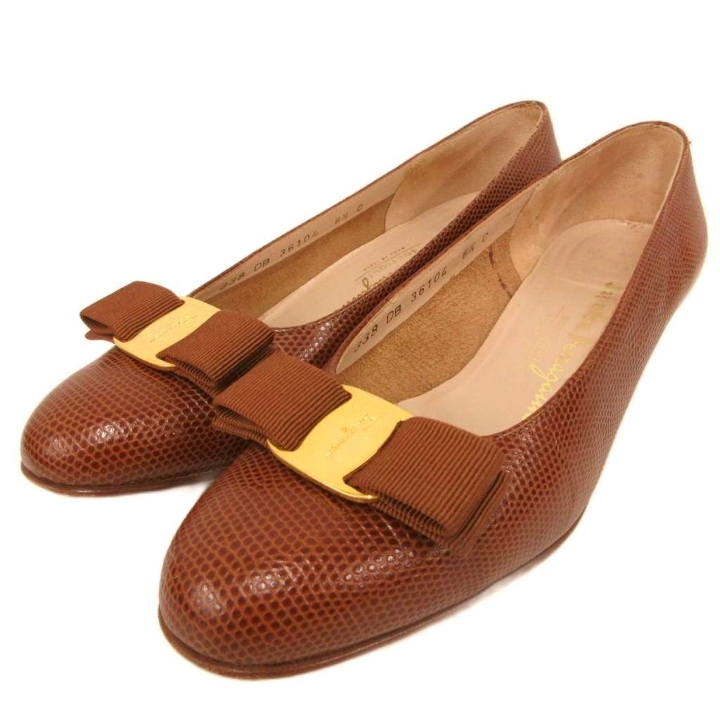 サルヴァトーレフェラガモ Salvatore Ferragamo ヴァラリボン パンプス レザー 6.5 リザード型押し アーモンドトゥ チャンキーヒール 茶 ブラウン 36104 /KB ■GY53