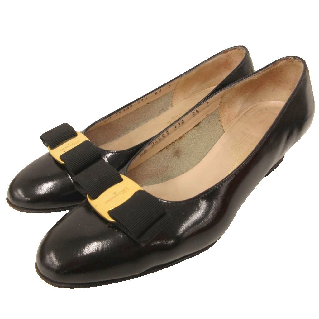サルヴァトーレフェラガモ Salvatore Ferragamo 25563 ヴァラリボン パンプス レザー 6.5 ラウンドトゥ チャンキーヒール イタリア製 黒 ブラック /KB ■GY53