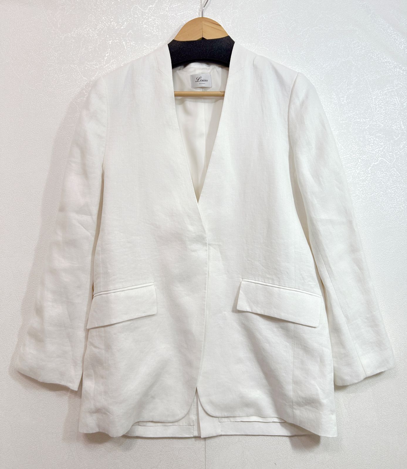 Lisiere L'Appartement 23SS Linen No Collar Jacket 日本製 リジェール アパルトモン ノーカラージャケット カラーレス ホワイト 麻100 リネン100 レディース　K6-167