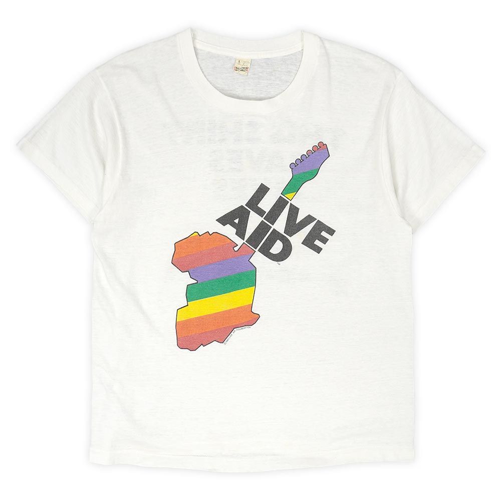 ライブエイド LIVE AID 80s 80年代 両面プリントTシャツ MADE IN USA アメリカ製 オリジナル ヴィンテージ バンドT ロックT 古着 メンズ Tシャツ カットソー ホワイト 白 L【中古】