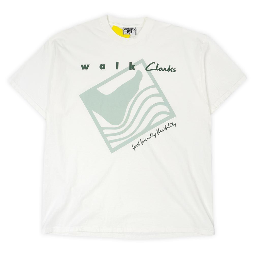 クラークス Clarks 90s 90年代 ロゴプリントTシャツ 珍品 Lee リー ボディ MADE IN USA アメリカ製 ヴィンテージ 古着 メンズ Tシャツ カットソー ホワイト 白 XL【中古】