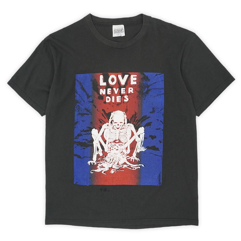 LOVE NEVER DIES 90s 90年代 発砲プリント スカル ドクロ 髑髏 エロ MADE IN USA アメリカ製 NICEMANボディ ヴィンテージ 古着 メンズ Tシャツ カットソー ブラック 黒 L【中古】