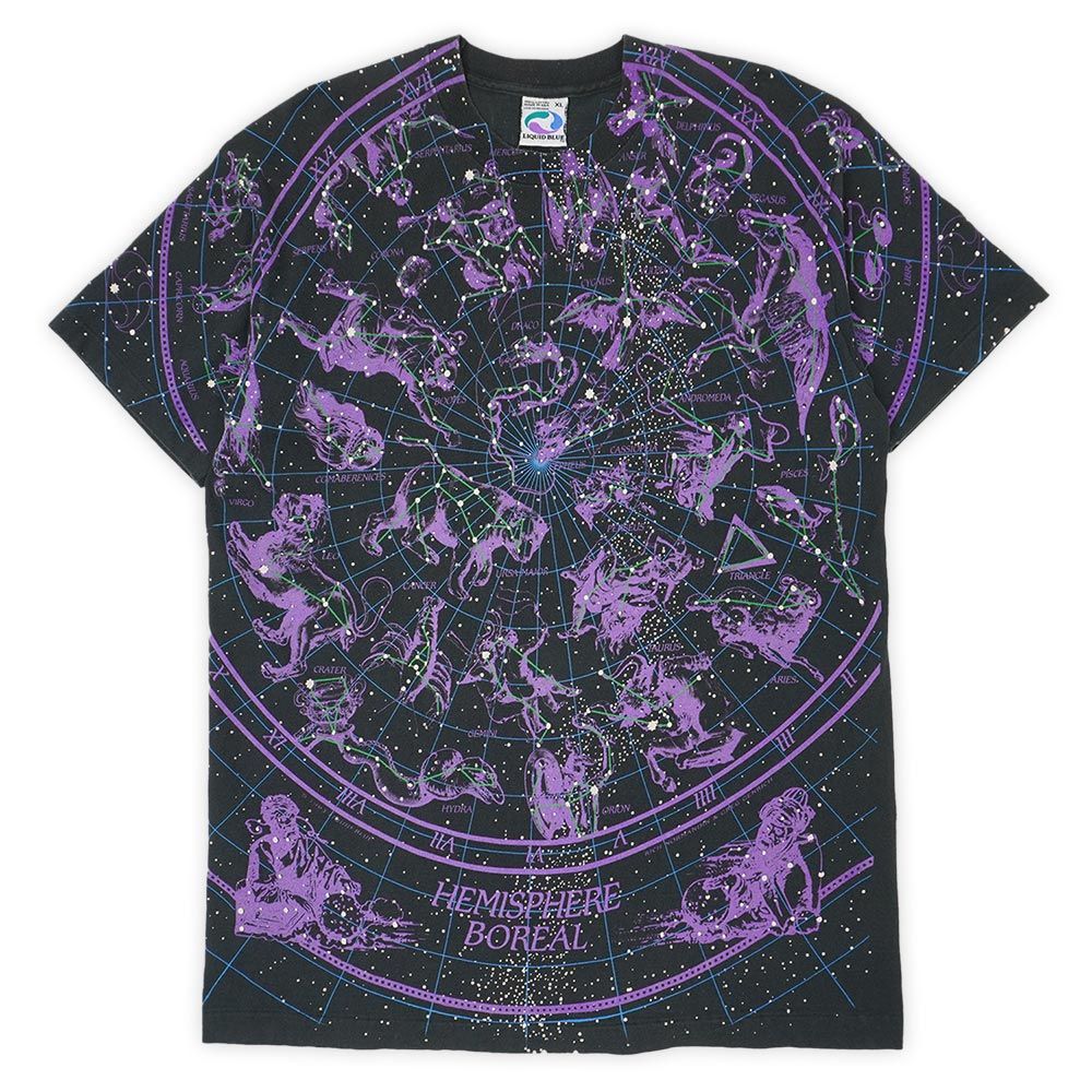 リキッドブルー LIQUID BLUE 90s 90年代 オールオーバープリント 総柄 星座 MADE IN USA アメリカ製 ヴィンテージ 古着 メンズ Tシャツ カットソー ブラック 黒 XL【中古】