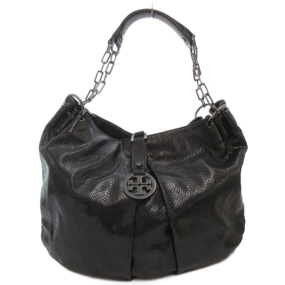 トリーバーチ TORY BURCH 2WAY チェーンショルダーバッグ ハンド パイソン型押し レザー ミラー付き 黒 ブラック /MG