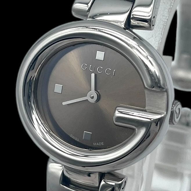 新品電池 稼働品 GUCCI グッチ レディース腕時計 134.5 クォーツ QZ 2針 SS Gロゴ ブラウン文字盤 シルバー