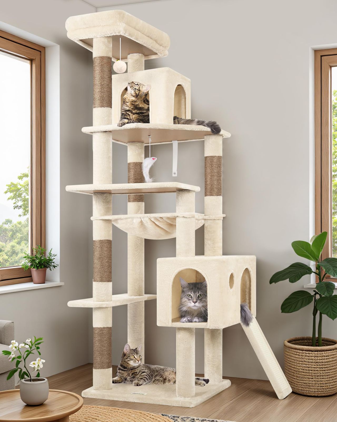 Globlazerコーナー キャットタワー 超スリム 猫タワー 2つキャットハウス 大きな屋上展望台 柔らかい特大ハンモック 天然麻紐のスロープ 複数引っ掻き柱付き 玩具ぬいぐるみボール 省スペース 固定式 転倒防止ストラップ 安定した構造 簡単に登れる 付き