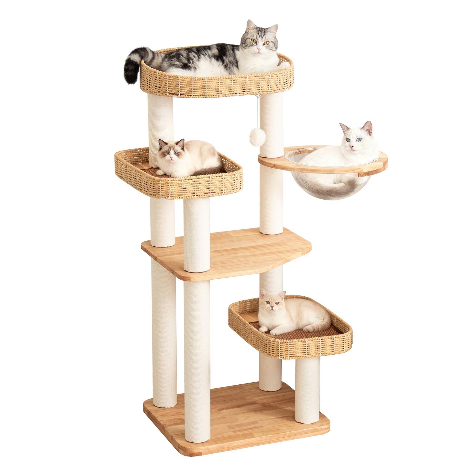【なになにLife】 キャットタワー 木製 大型 天然木 高さ122cm 据え置き 大型猫 おしゃれ ラバーウッド 手編みカゴ インテリア性 面取り 壁際ぴったり 省スペース 多頭飼い コンパクト 空間節約 スリム ラタン風 夏冬兼用 見晴台 猫タワー 展望台