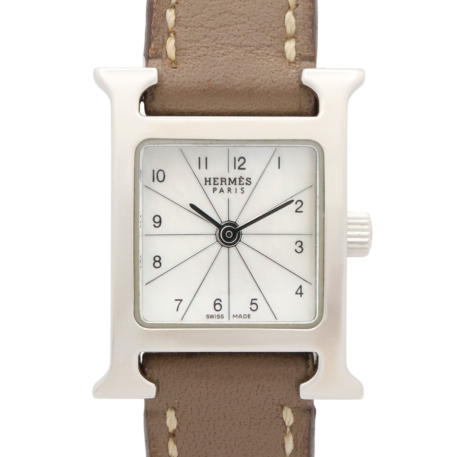 エルメス HERMES 腕時計 Hウォッチ ミニ HH1.110 ホワイトシェル ステンレススチール レザーベルト Hウォッチ ミニ レディース Used A