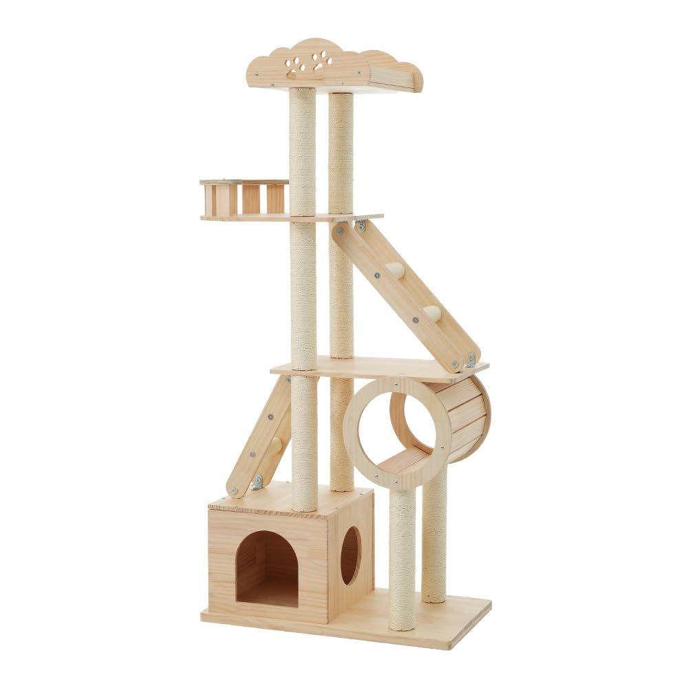 OSJ キャットタワー タワー ペット用品 ネコ トンネル はしご 麻紐 木製 天然木 高さ153cm 頑丈 据え置き 隠れ家 爪とぎ 猫ベッド 安全安心 大型猫用 安定 ペット用品 展望台 おしゃれ