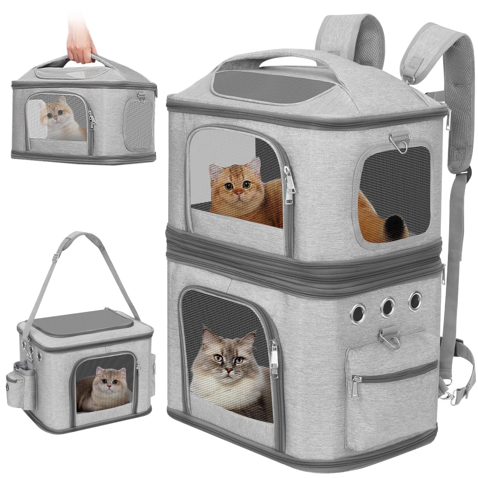 HOVONO 猫 2 匹 キャリー リュック 2段式 分離可 小型 犬 ペット ネコ の リュック ペットバッグ 特大 通気性 旅行/通院/交通機関/災害避難用