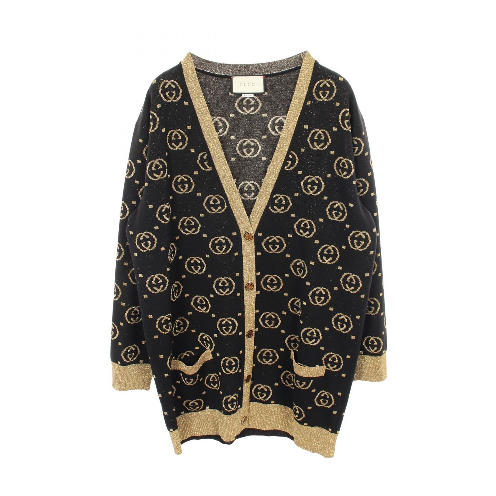 グッチ GUCCI カーディガン インターロッキングG 総柄 ブラック/ゴールド ウール カーディガン レディース Used A