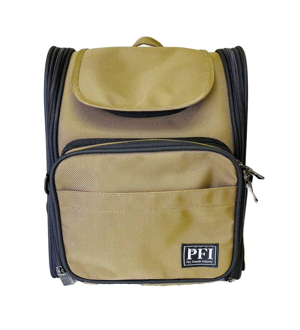 PFI(ピーファイ) ペットキャリー コンパクトタイプ カーキ 犬用 猫用 リュック 防災設計 メッシュ窓 拡張機能 ケージ 折り畳み アウトドア 旅行 通院 避難用 丈夫な生地