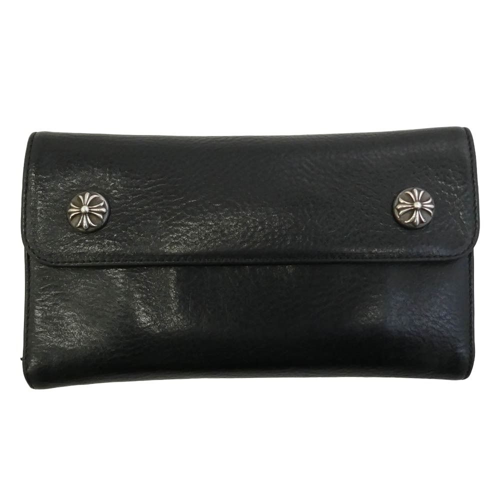 CHROME HEARTS クロムハーツ（原本無） WAVE CROSS BALL ウェーブ クロスボールボタン レザー ウォレット 財布 ブラック系【中古】