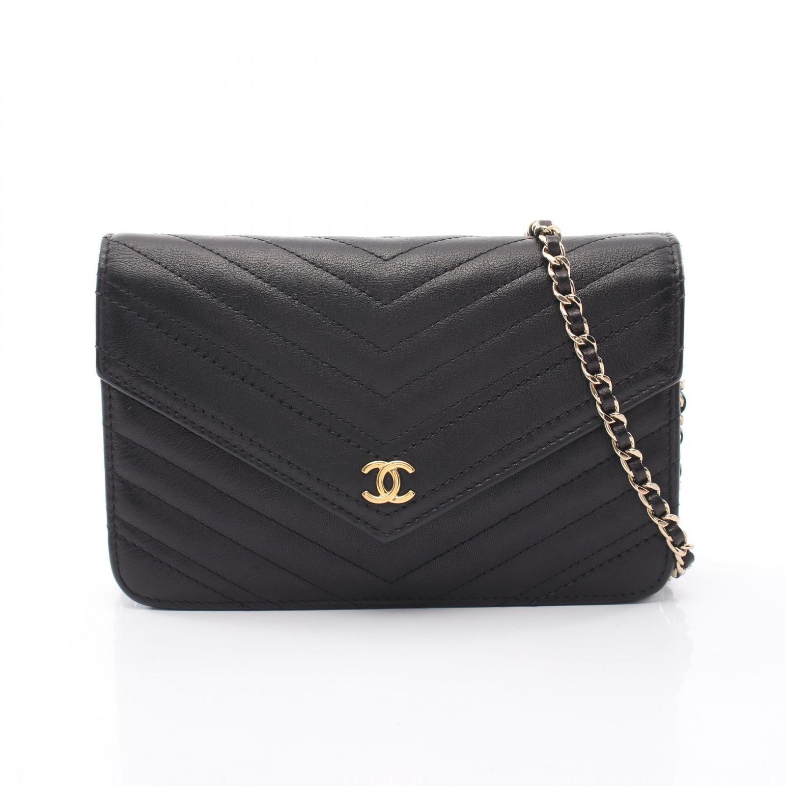 シャネル CHANEL ショルダーバッグ Vステッチ ブラック レザー Vステッチ チェーンウォレット レディース Used B
