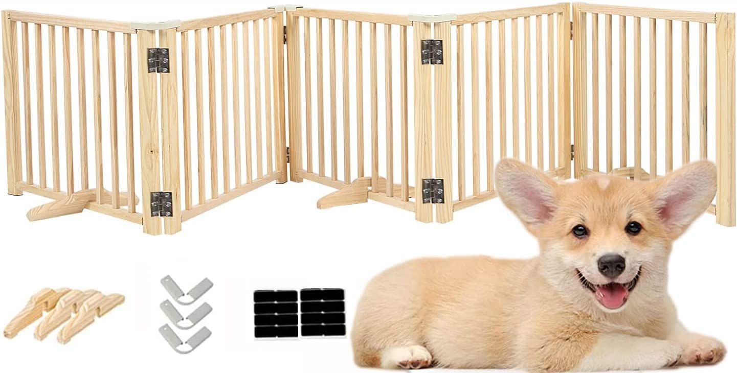 ペットゲート 木製 置くだけ 犬 柵 自立式 パーテーション (幅304cm×高さ43cm) 5枚 パネル 角度固定ジョイント付き 転倒防止 足裏滑り止め 折りたたみ 小型犬 中型犬 天然木 無塗装 工具不要 脱走防止 室内用