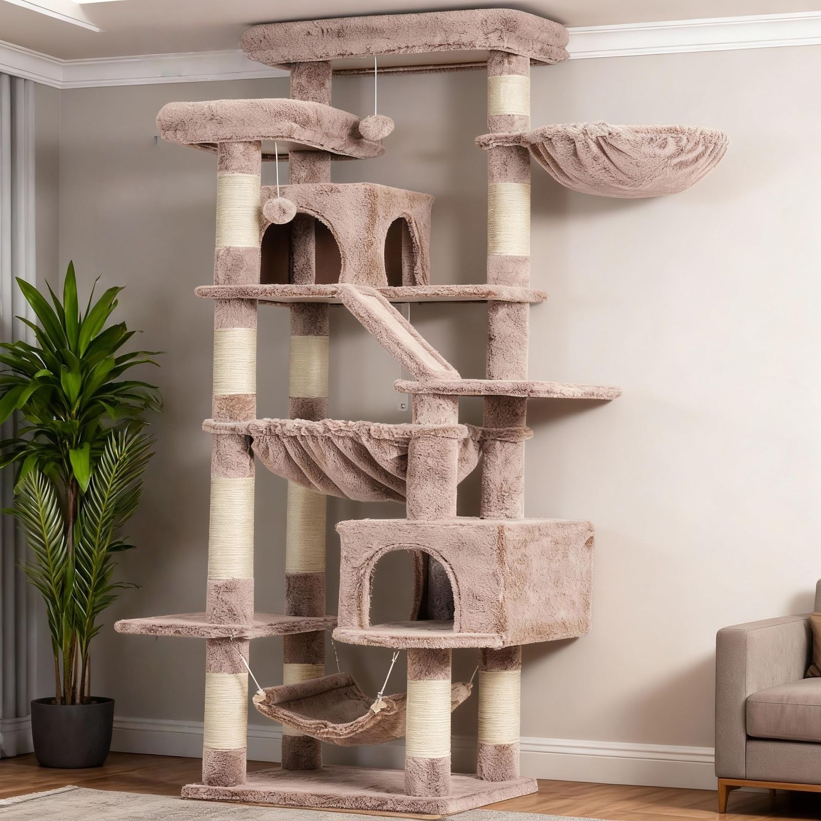 Heyblyキャットタワー 多頭飼い最適 高180cm 大型猫用 据え置き式 高安定性 ダブル展望台付き ダブル猫小屋付き 3 つ吊りベッド付き コンパクト設計 易攀爬 多機能 運動不足解消 猫用品 人気キャット家具 ローズブラウン HCT034MU