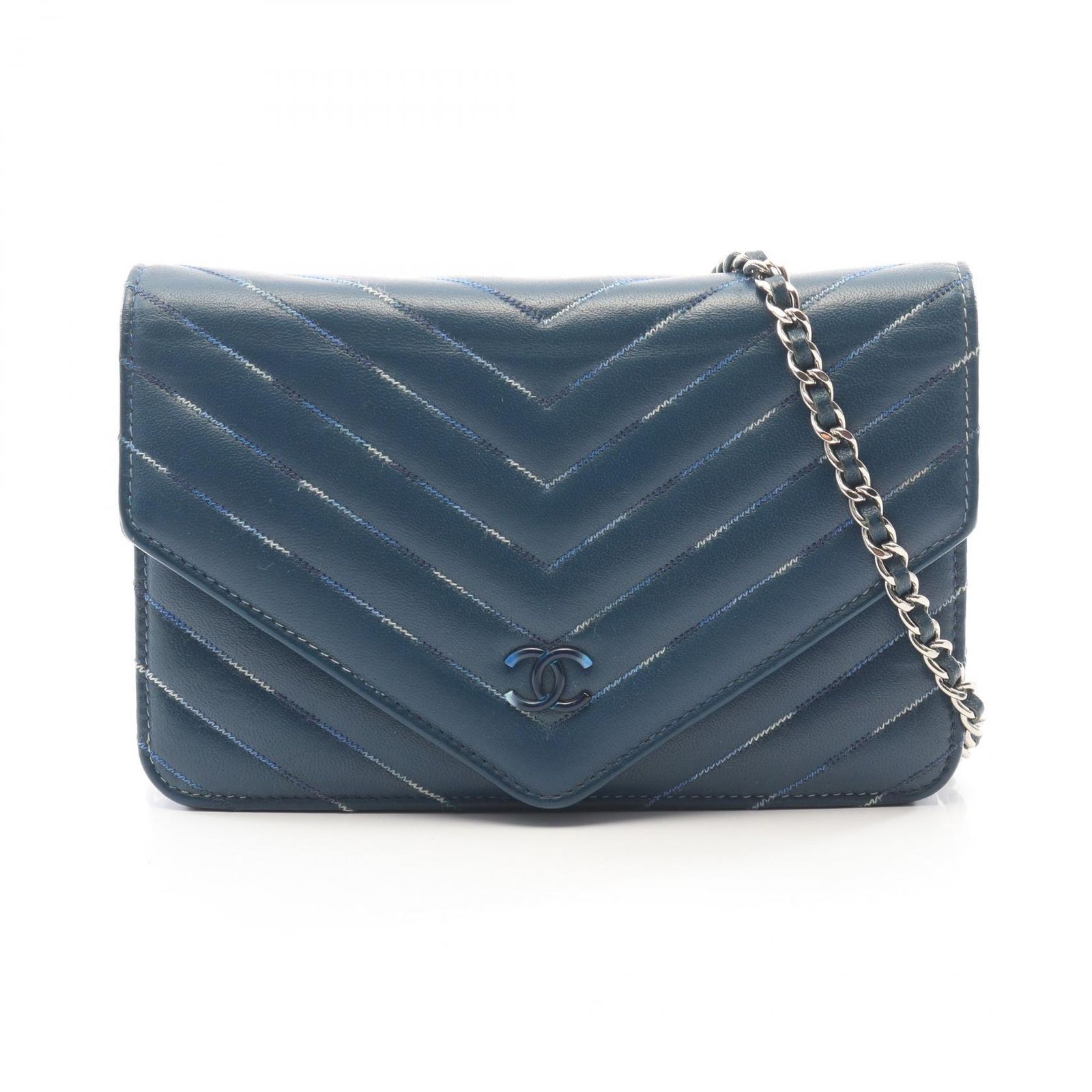 シャネル CHANEL ショルダーバッグ シェブロン Vステッチ ネイビー レザー シェブロン Vステッチ チェーンショルダー レディース Used B