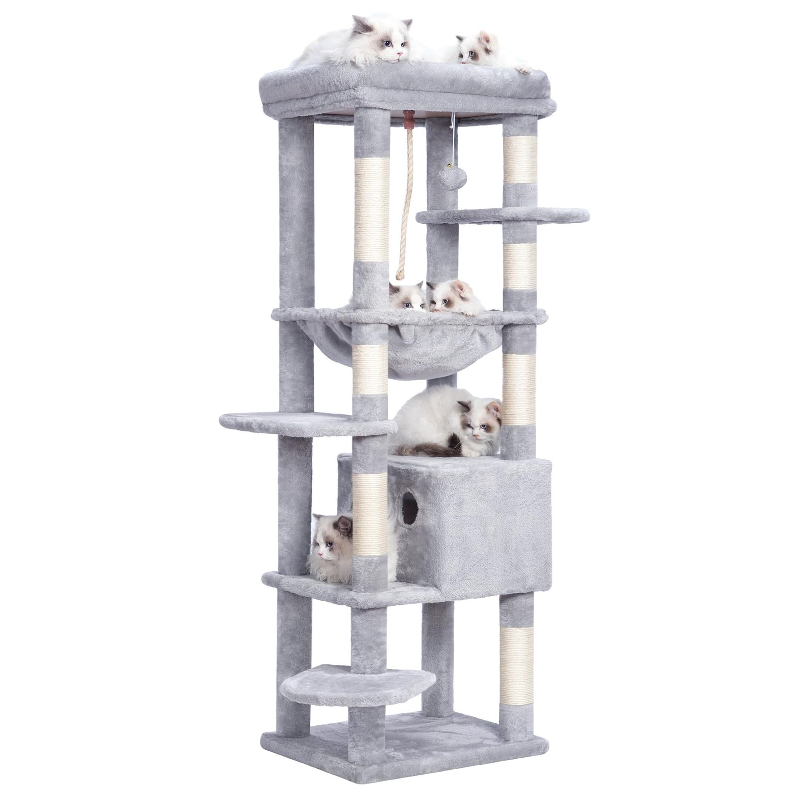 Heybly キャットタワー 大型猫用 多頭飼い 超スリム 省スペース 登りやすい ハンモック キャットハウス 大型見晴らし台 麻紐 爪研ぎ棒 高さ153cm ライトグレー HCT050W