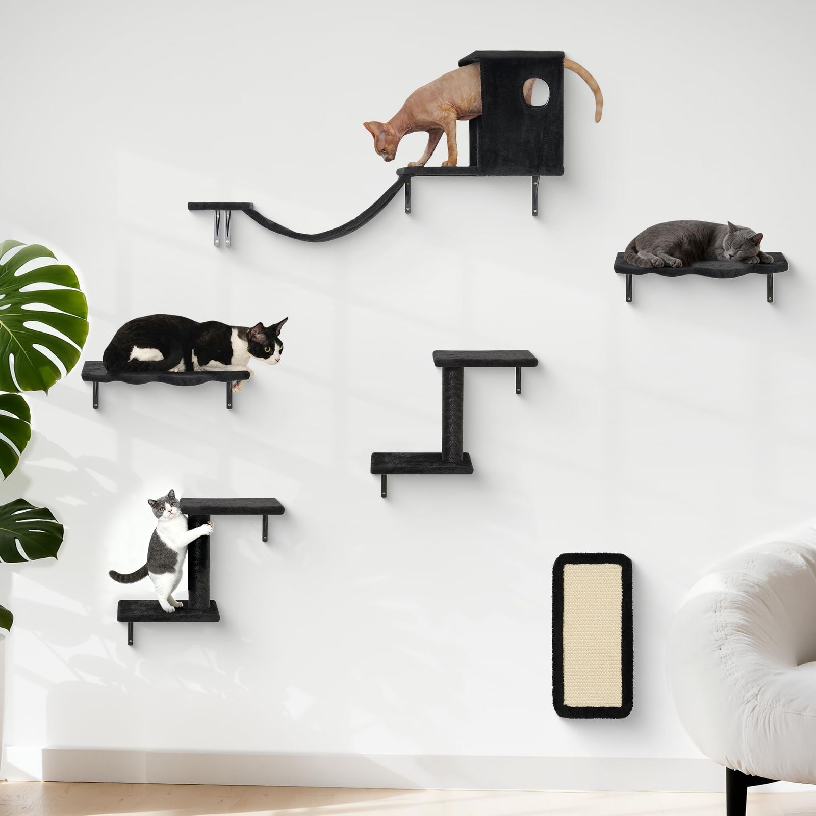Meecal 6-in-1 キャットウォールラック 壁掛け式 DIY キャットタワー 多頭飼い 隠れた猫ハウス 雲型 い猫 ベッド 猫 爪研ぎ タワー 吊り橋 階段 天然サイザル麻爪とぎポール 遊び場 省スペース 簡単設置 耐荷重10kg ブラック