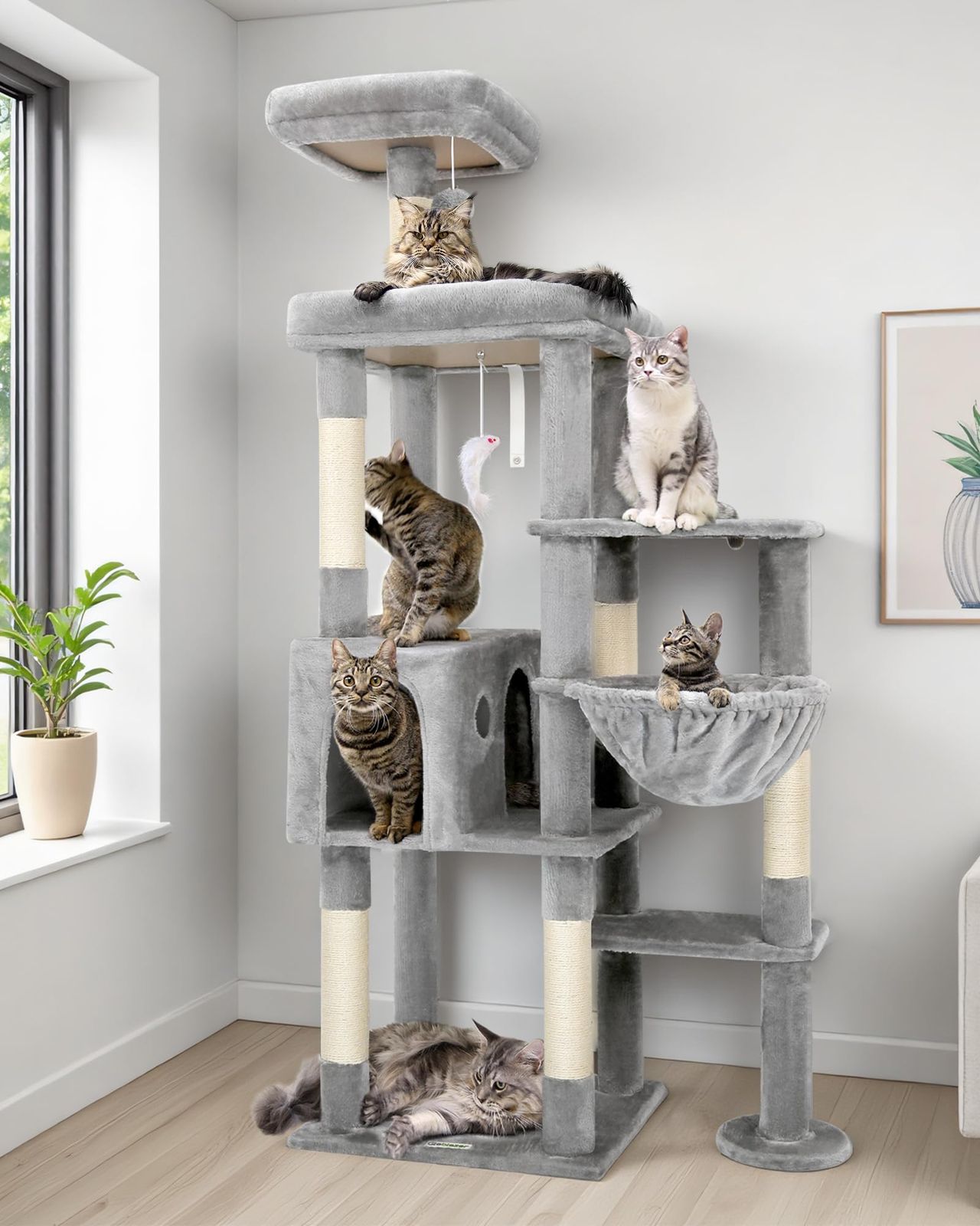 Globlazer キャットタワー 強い安定性 据え置き型 多機能 猫タワ??? 超大型見晴台（48cm×42cm）取り外し可能なパッド展望台 大型キャットハウス 複数の横臥領域 バスケット 天然麻紐の爪とぎポスト6つ 転倒防止ストラップ 登る、休む、爪を研ぐ