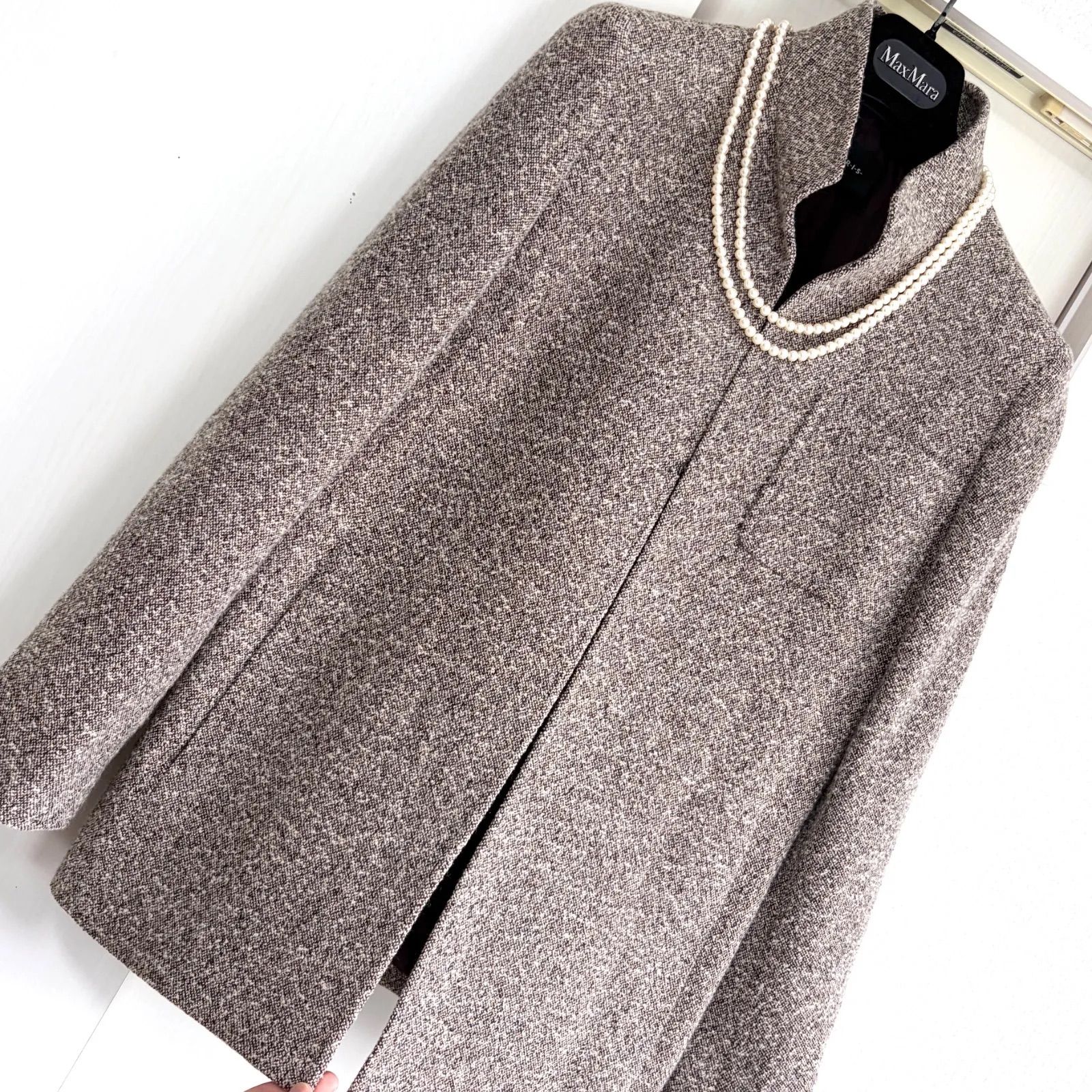 AKRIS 70%wool・16%silk 近年モデル ツイード ジャケット コート F40(L相当) used。モカブラウン×エクリュのシックな極上アウターです。アクリス 王室御用達