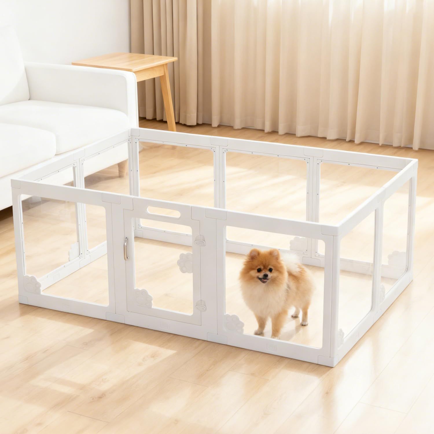 PAWZ Road ペットフェンス プラスチック 犬 ケージ アクリル 室内 ペットサークル パネル 白 ドア付き 拡張 水洗い 中型犬 小型犬 シニア犬 介護 子犬 子猫 多頭飼い 据え置き コンパクト 錆びない おしゃれ - 透明 150×100×60cm
