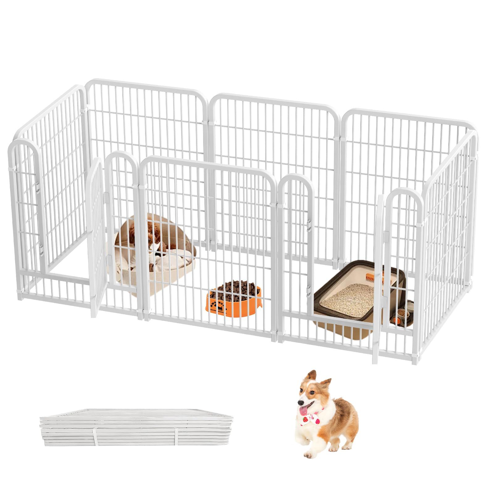 HEEOREV ペットサークル 犬 ゲージ ペットフェンス 犬 サークルケージドア付き [2つのドア（8枚組）180×60×70cm-ホワイト]? レイアウト自由 トイレトレーニング 脱走防止 自立 ケージ 犬用 小型犬 中型犬 大型犬 ペット用品 室内外兼用