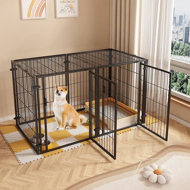 ペットフェンス 中型犬 小型犬用 折りたたみ可能 ドア付き 70×80×140cm ブラック 金属製 6パネル 連結可能 室内外兼用 組立簡単 犬ゲージ ドッグサークル