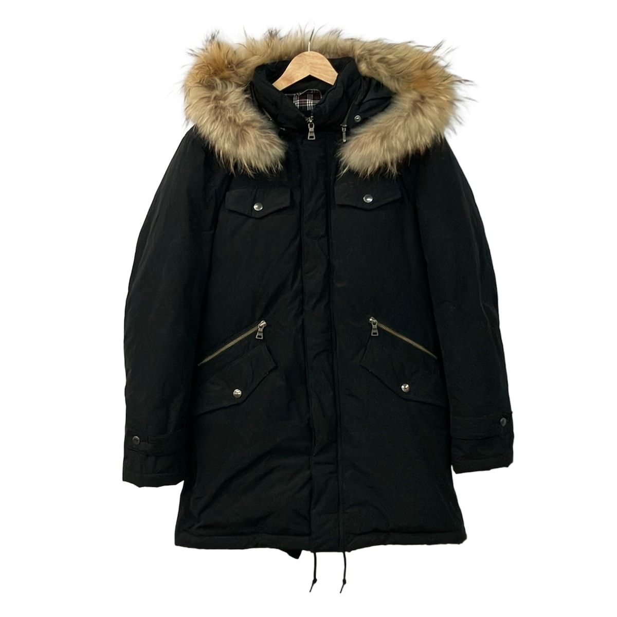 Burberry Black Label(バーバリーブラックレーベル) ダウンジャケット サイズM メンズ - 黒 長袖フード・ラクーンファートリム着脱可/冬