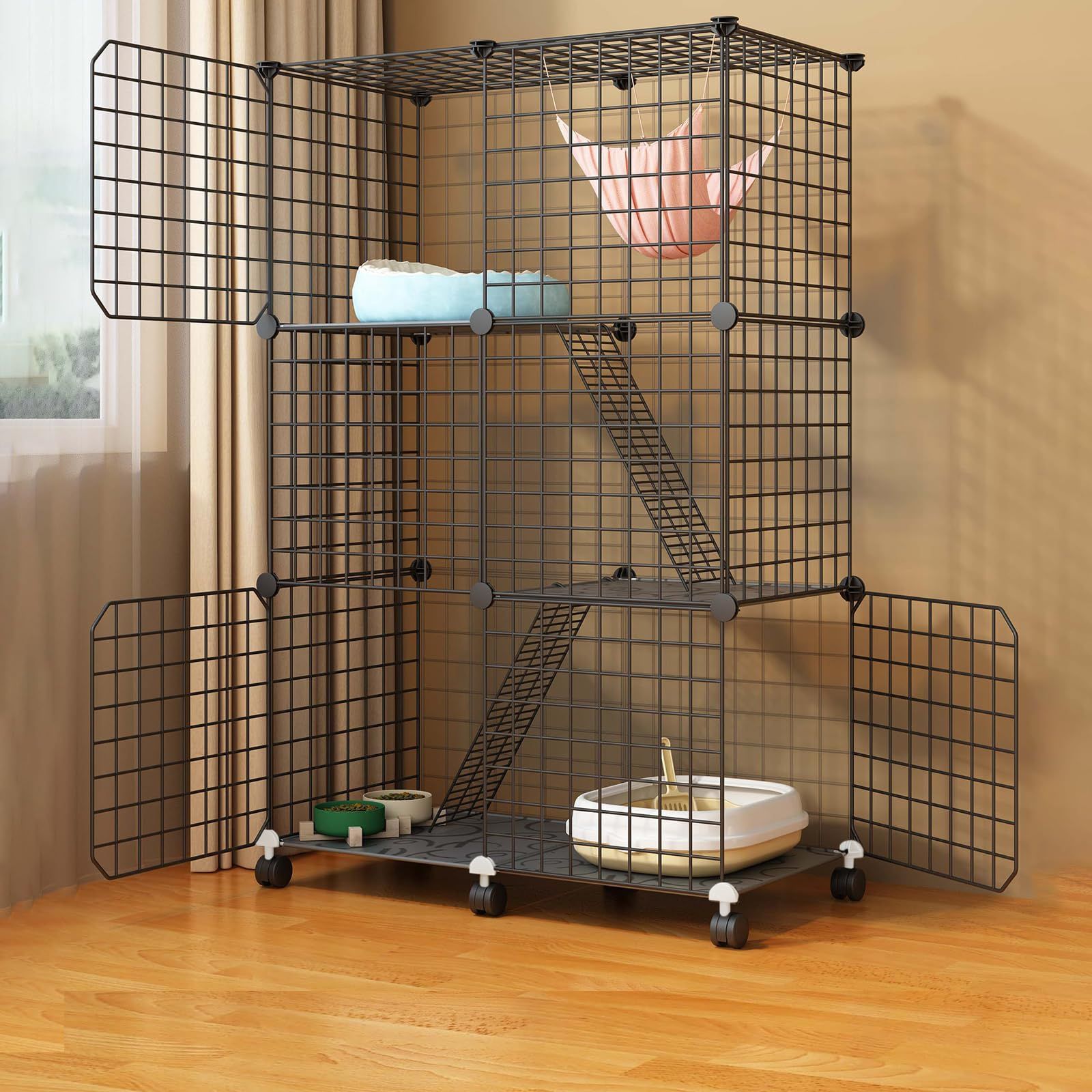 ★新品★UYTON 猫ケージ 組み立て完成サイズ 猫ハウス 3段[ 75*36*114.5cm] [ブラック]大型猫用 室内用猫のゲージ 移動便利 折り畳み式 組立簡単 取り外し可能なペット用品 室内飼い DIY 組え 組み換え自由な棚板お手 584b1952