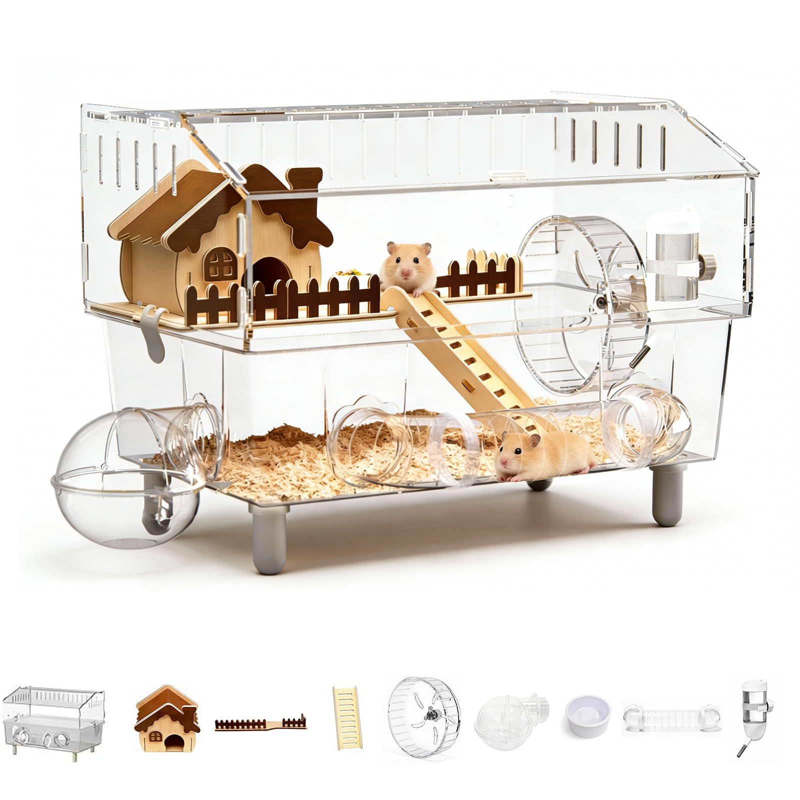 ★新品★ハムスター ケージ 大型 アクリル製 透明 ペット観察容易 2階建て飼育ケース 組み立て簡単 木製ハウス、 給水器 餌皿、トンネル、回し車、砂浴び場付き ハムスター ハリネズミ ゴールデンベア対応（9点セット 45*28*34cm） 1393877d