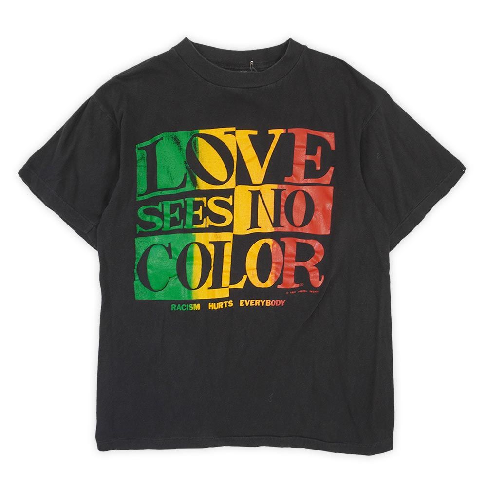 LOVE SEES NO COLOR 90s 90年代 メッセージプリントTシャツ ラスタカラー 人種差別反対 半袖 USA ヴィンテージ アメリカ 古着 メンズ Tシャツ カットソー ブラック 黒 M-L相当【中古】