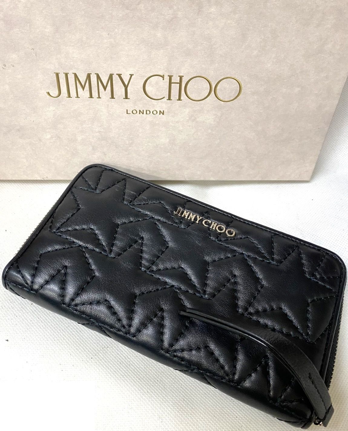 未使用 JIMMY CHOO ジミーチュウ レザー スター ラウンドファスナー 長財布 黒 ブラック レディース ss061803