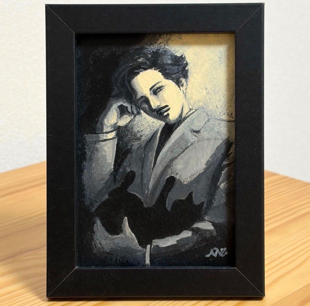 人物画#34 女性の肖像 アクリル画 3号 架空の昭和の文豪3 手描き アクリル画 人物画 男 黒猫 イラスト 猫