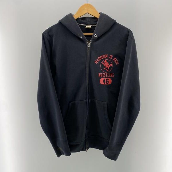 【中古】Russell Athletic 70-80s USA製 プリント ダブルジップ パーカー ブラック L ※色落ち、破れ、汚れ　[24]