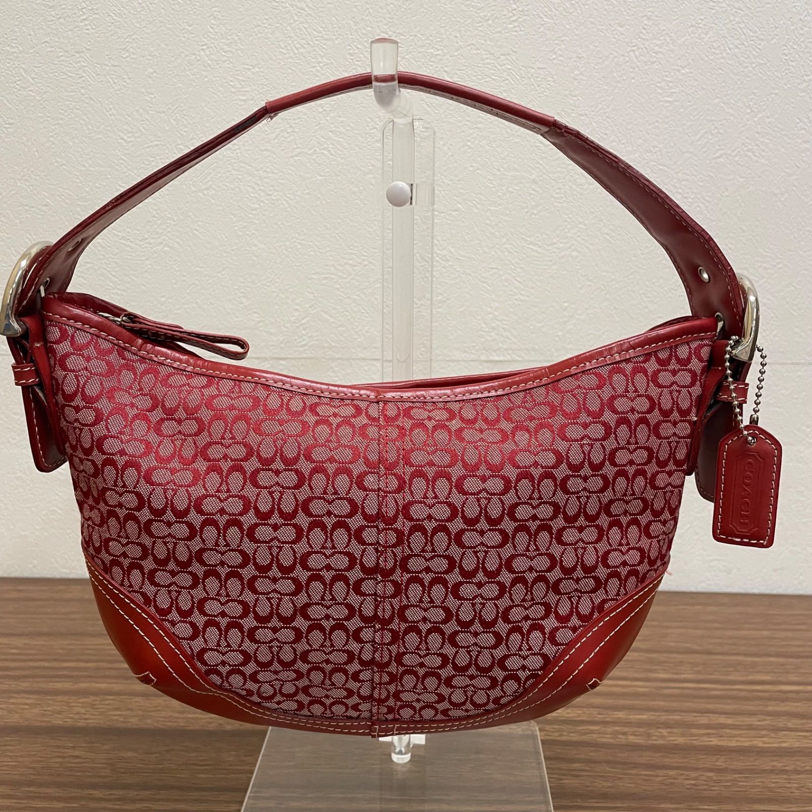 (b)COACH コーチ ミニシグネチャー ホーボー ショルダーバッグ ワンショルダーバッグ 赤 レッド 6351 レザー チャーム付き レディース/11005