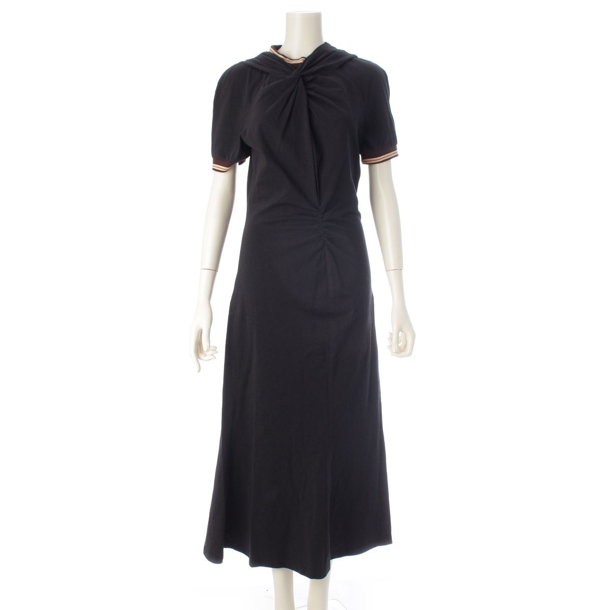 ウェールズボナー Wing Dress ロゴ ツイストデザイン ロング 半袖 ワンピース ドレス ブラック ブラウン S【中古】
