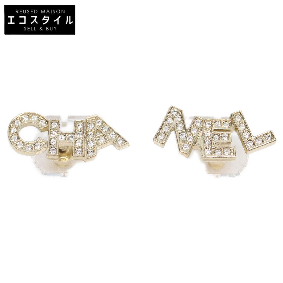 CHANEL シャネル A21V ゴールド ラインストーンロゴ ピアス