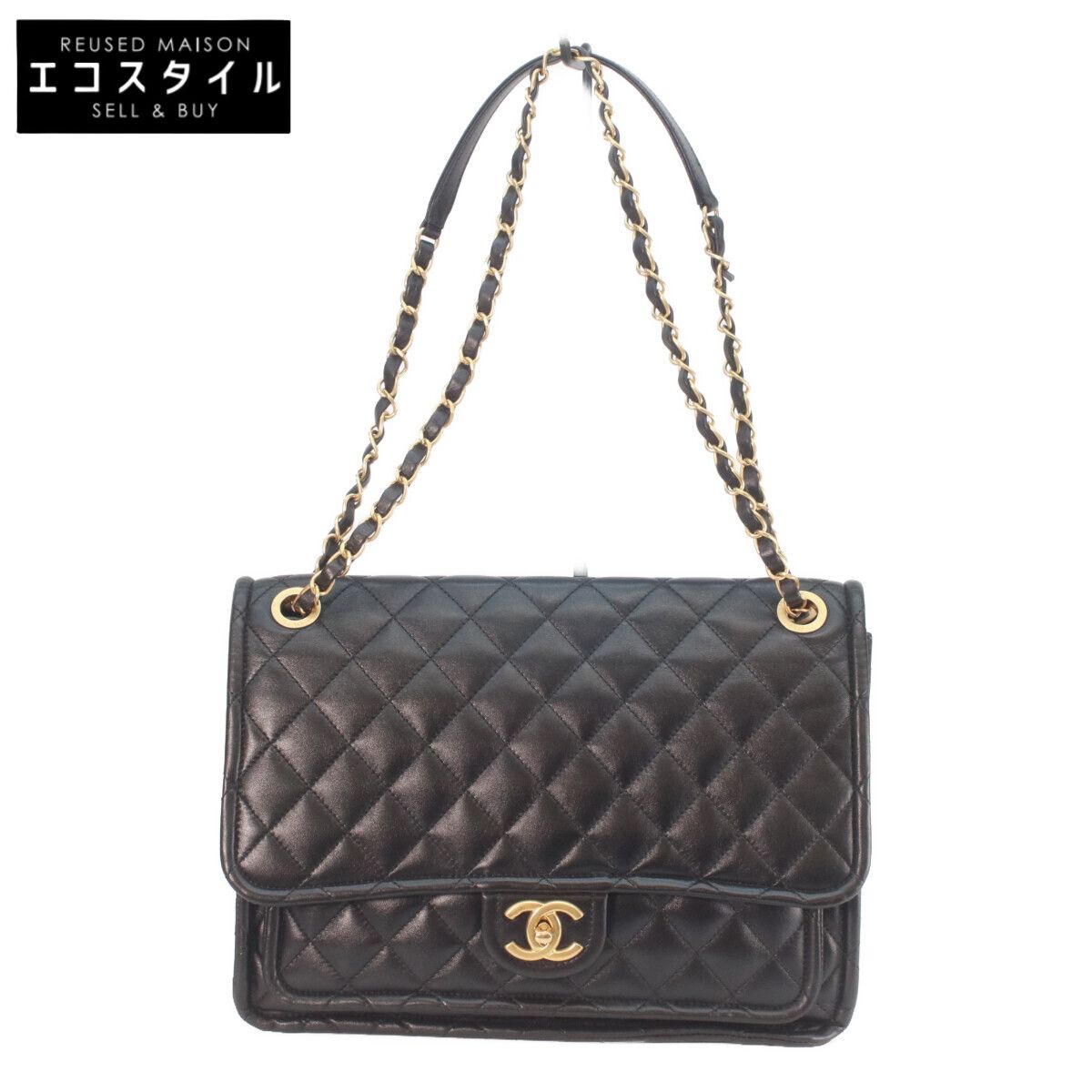 CHANEL シャネル AS4723 黒 シャイニーラム ゴールド金具 マトラッセ シングルフラップ ダブルチェーン ショルダーバッグ