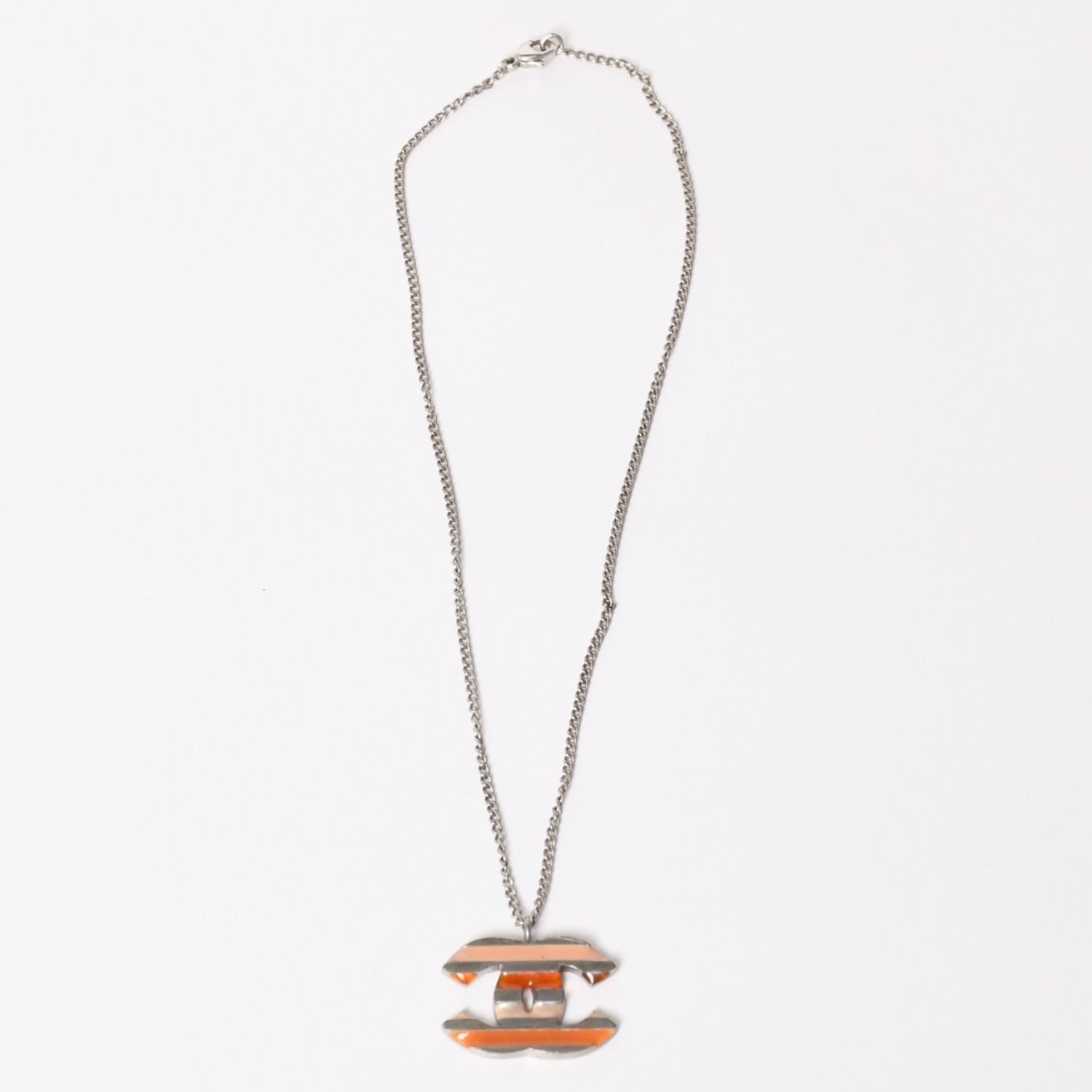 CHANEL シャネル ネックレス ココマーク ボーダー オレンジ ピンク シルバー ボーダー 重量約9.47g 05P刻印 美品 中古 4c074894