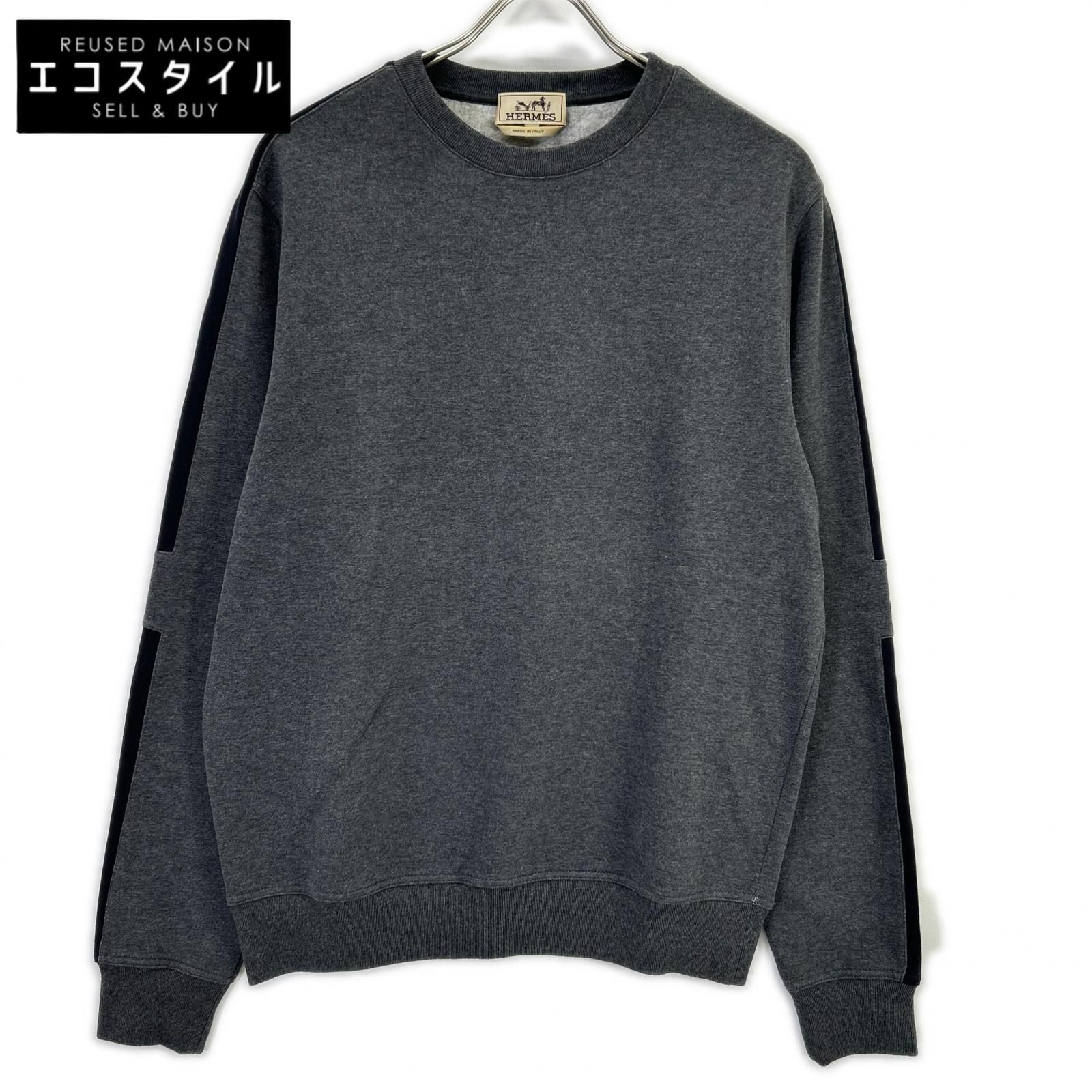 HERMES　エルメス　52-5756 チャコールグレー×ブラック コットン ショルダーライン スウェットプルオーバー　M