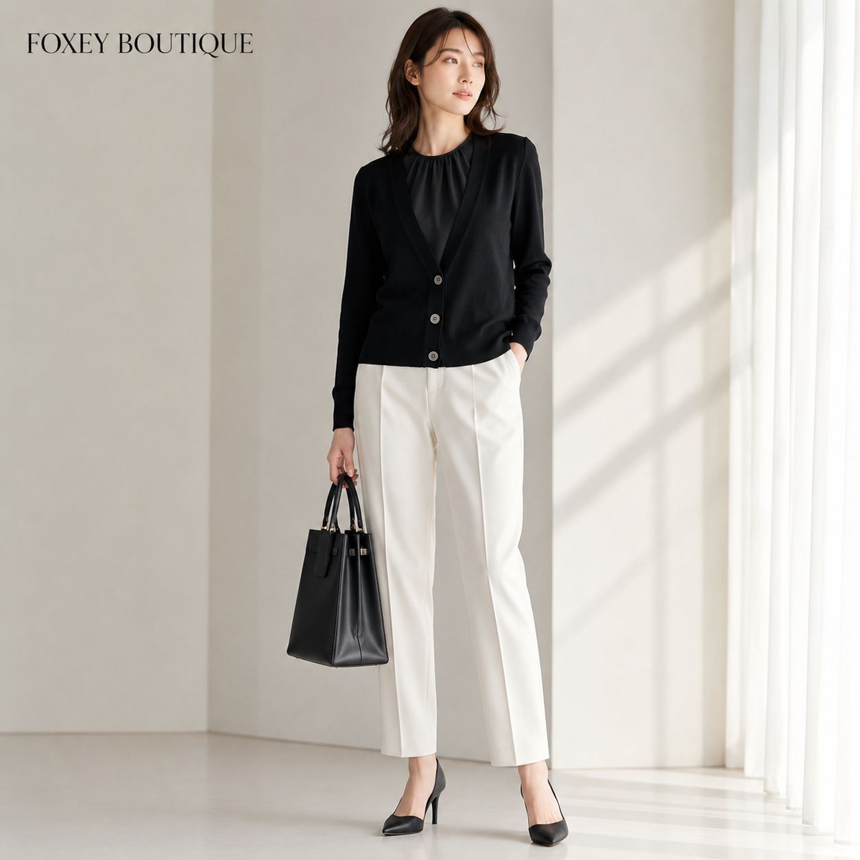 【美品 / 着回し力UP 「トラッドカーディガン」ウール100％ 】FOXEY BOUTIQUE / フォクシーブティック Vネック カーディガン 40 ブラックブラック 通勤 学校行事 お食事会 お出かけ デイリーコーデ
